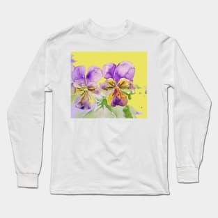 Viola Watercolor Purple Flower - violas On Yellow Long Sleeve T-Shirt